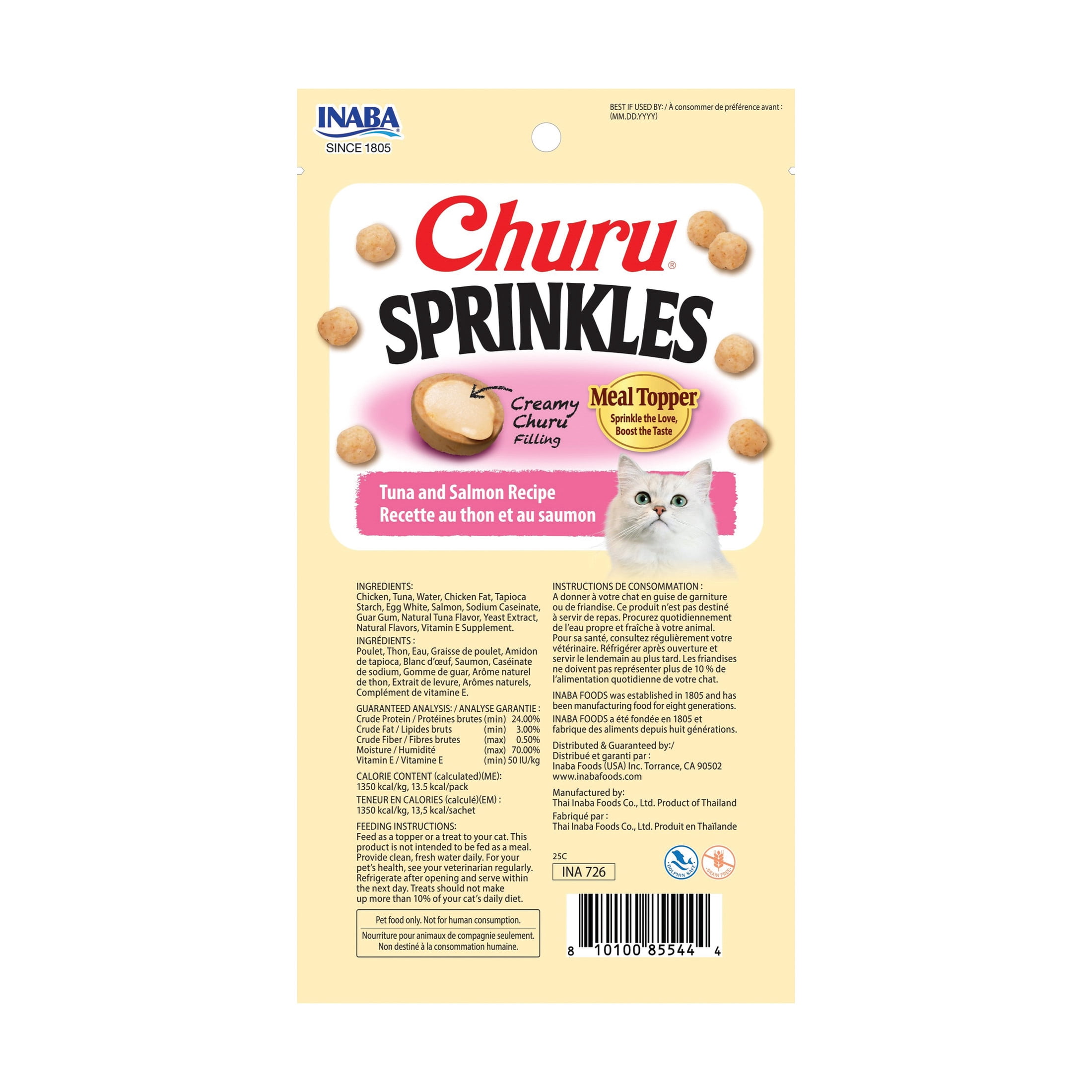 (16 pack) INABA Churu Sprinkles Cat Meal Topper, Soft & Chewy Baked Chicken with Taurine, Tuna & Salmon Recipe, 0.35 oz Packs, 3‑Count
