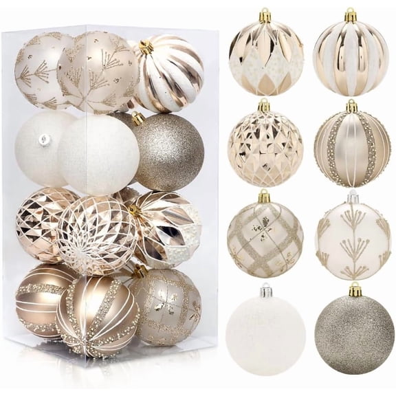 16-Pack White Painted Christmas Ball Ornament Set, Coordinated Hanging Baubles with Glitter, Stripe and Snowflake Designs, Christmas Tree, Wreath, Garland, Holiday Party and Home Decor