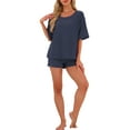 thumbnail image 2 of INSPIRE CHIC Women's Waffle Knit Pajama Round Neck Pjs Loungewear 2 Piece Lounge Sets XL Navy, 2 of 5