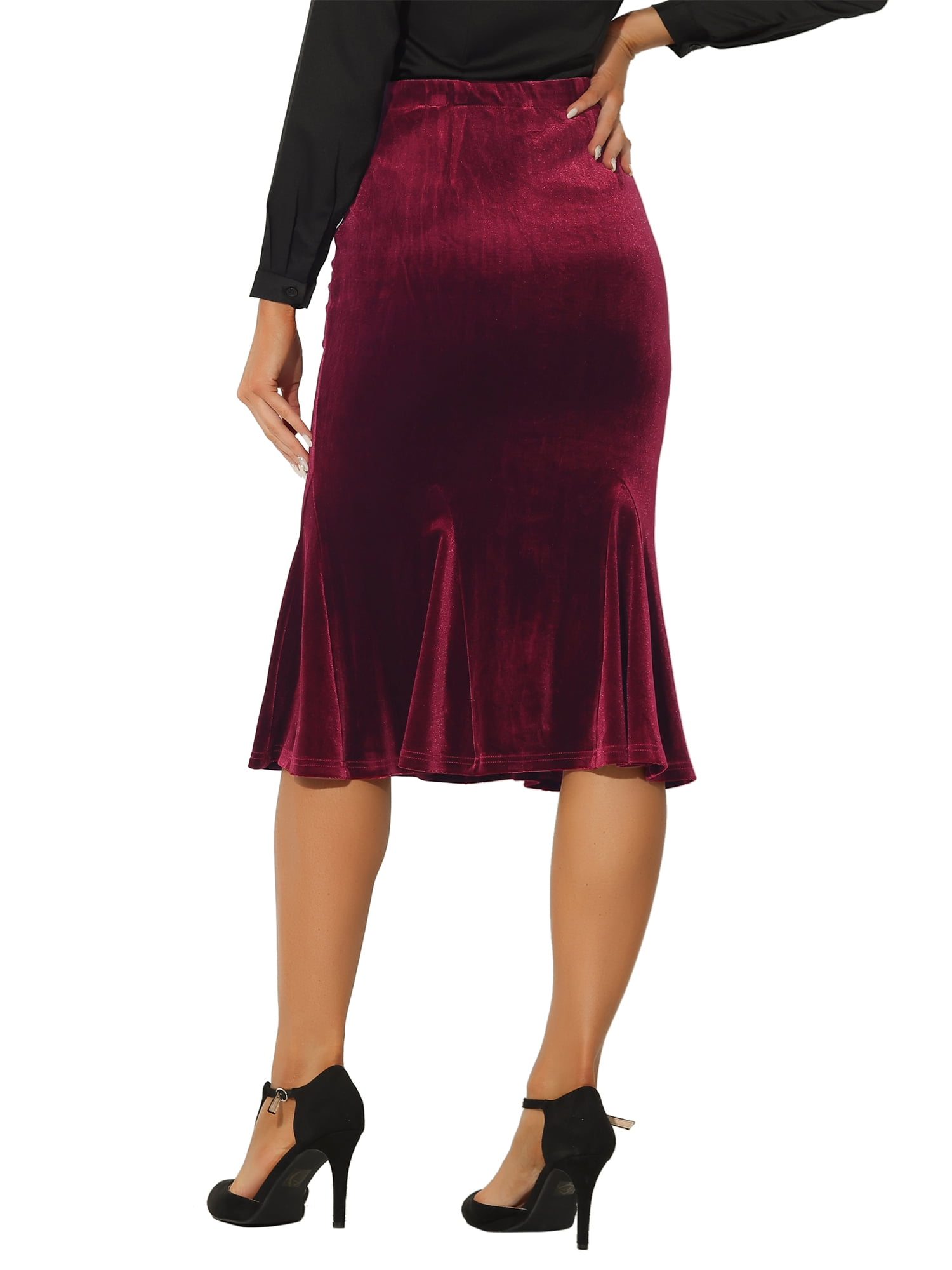 Unique Bargains Women's Feminine Chic Retro Bodycon Elastic Back Velvet Midi Skirt XS Red