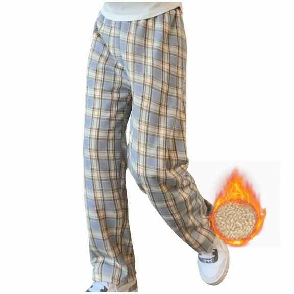 Ahdbta Women's Elastic Waist Pants Lounge Trendy Plaid Print Baggy Sweatpants Fleece Lined Warm Thickened Trousers with Pockets