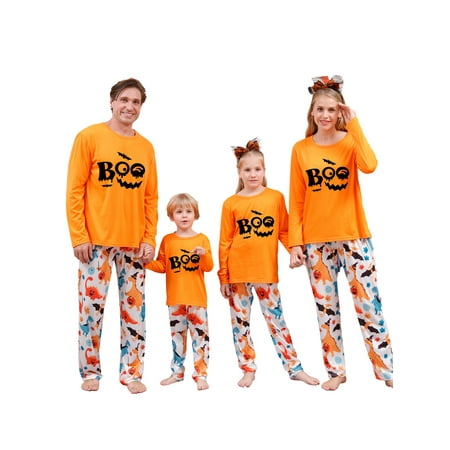

Youweixiong Halloween Matching Family Pajamas Set Letter Print Long Sleeve Tops Dinosaur Bat Print Pants Sleepwear for Parents Kids
