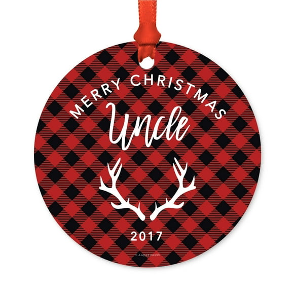 Family Metal Christmas Ornament, Merry Christmas Uncle 2017, Red Plaid, Includes Ribbon and Gift Bag