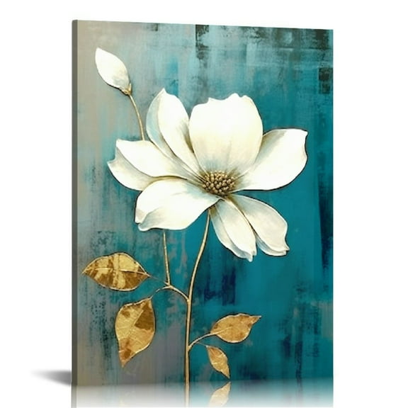 Nawypu Flower Canvas Wall Art Cream White Floral Wall Decor Turquoise Tealish Grey Background Canvas Picture Modern Rustic Artwork Bathroom Bedroom Living Room Home Office Decoration
