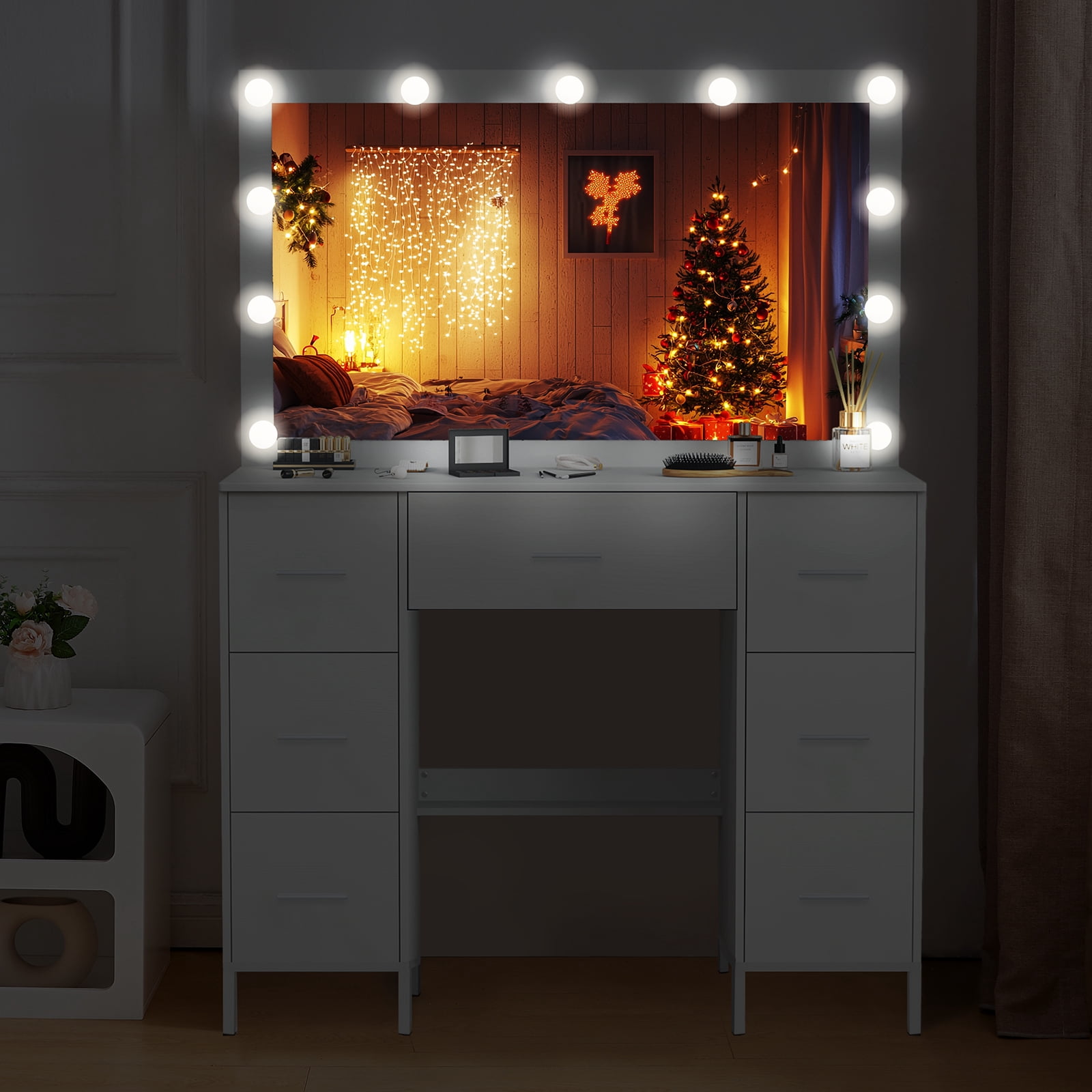 JBLCC Vanity Desk with Mirror and Lights, 7-Drawer Makeup Vanity Table with Hollywood Bulbs for Bedroom, Dressing Table for Women & Girls, White