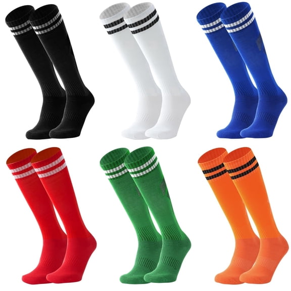 6 Pairs Kids Soccer Socks Striped Knee High Tube Socks Football Uniform Sports Socks for Boys Girls 6-12Years Old