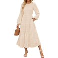 thumbnail image 2 of felwors Women's Fall Long Sleeve Maxi Dresses 2025 Crew Neck Swiss Dot Tiered Flowy A Line Casual Boho Party Dress Beige, L, 2 of 5