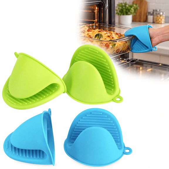 4PCS Silicone Oven Mitts and Pot Holders Set, Heat Resistant Mini Oven Gloves & Potholders, Waterproof Non-Slip Kitchen Hot Pads for Cooking, Baking, Grilling & BBQ, Blue & Green