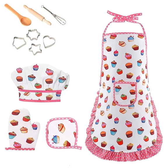 Meponn 11Pcs Kids Cooking Baking Set with Apron, Hat, Play Utensils for Pretend Play Baking Toys Gift for 3 4 5 6 Year Old Girls