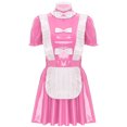 thumbnail image 4 of Uniforme de sirvienta traviesa para mujer, ropa para discoteca, vestido de Cosplay de sirvienta de charol brillante, adornos con volantes, delantal con lazo, vestido acampanado con mangas abullonadas, 4 of 5