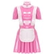 thumbnail image 4 of Uniforme de sirvienta traviesa para mujer, ropa para discoteca, vestido de Cosplay de sirvienta de charol brillante, adornos con volantes, delantal con lazo, vestido acampanado con mangas abullonadas, 4 of 5