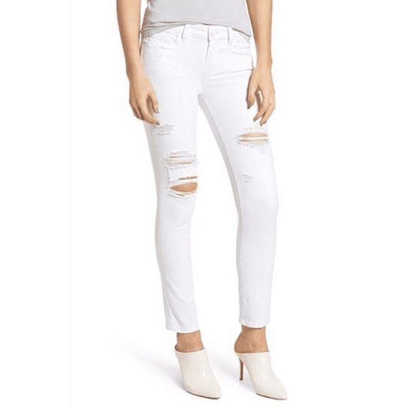 PAIGE Women's Skyline Ankle Peg Jeans, Bright White Destructed, 24