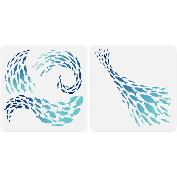 2 Pack School of Fish Stencils for Painting 11.8 x 11.8 Inch Reusable Plastic Fish Stencils for Painting on Wall Wood Furniture Fabric Canvas DIY Craft Stencil