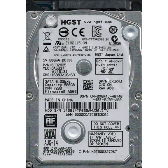 HGST HTS725050A7E630 P/N: 0J32835 MLC: DA5337 500GB China