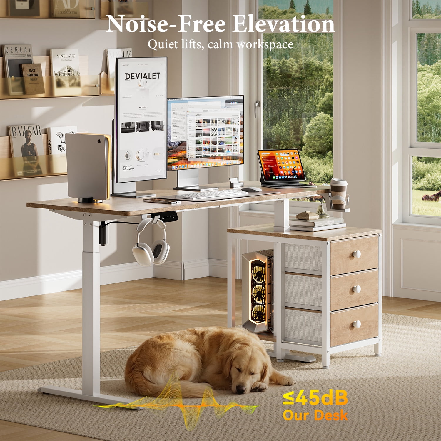 GUNAITO 55.1" Electric Standing Desk with 3-Drawer Cabinet, Adjustable Height Desk with Memory Panel, Office & Gaming Desk，Nutural