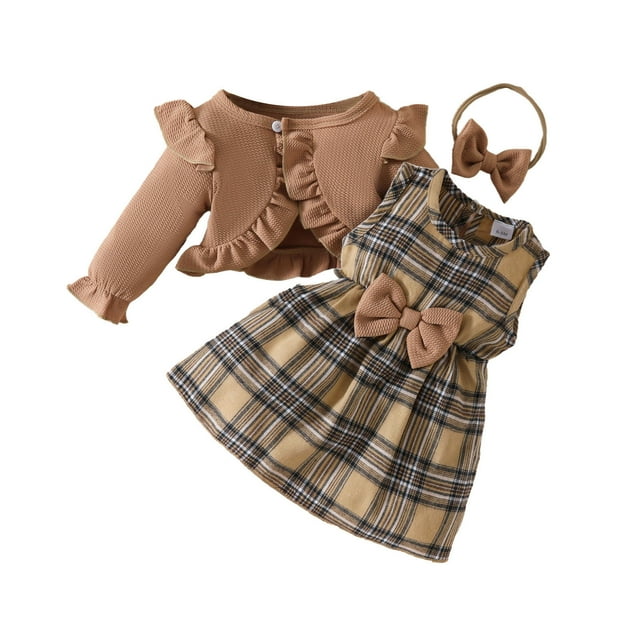 Lovzfmll Ensemble Robe à Carreaux avec Nœud pour Filles, Robe à Manches Longues avec Col et Chouchou Inclus pour 3 Ans, Brun