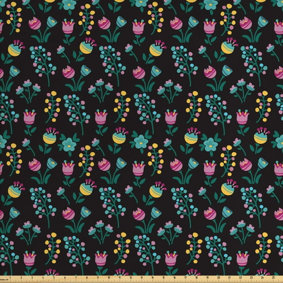 Spring Upholstery Fabric by the Yard, Abstract Botanical Pattern with Flowers and Budding Plants Cartoon, Decorative Fabric for DIY and Home Accents, 10 Yards, Charcoal Grey Multicolor by Ambesonne