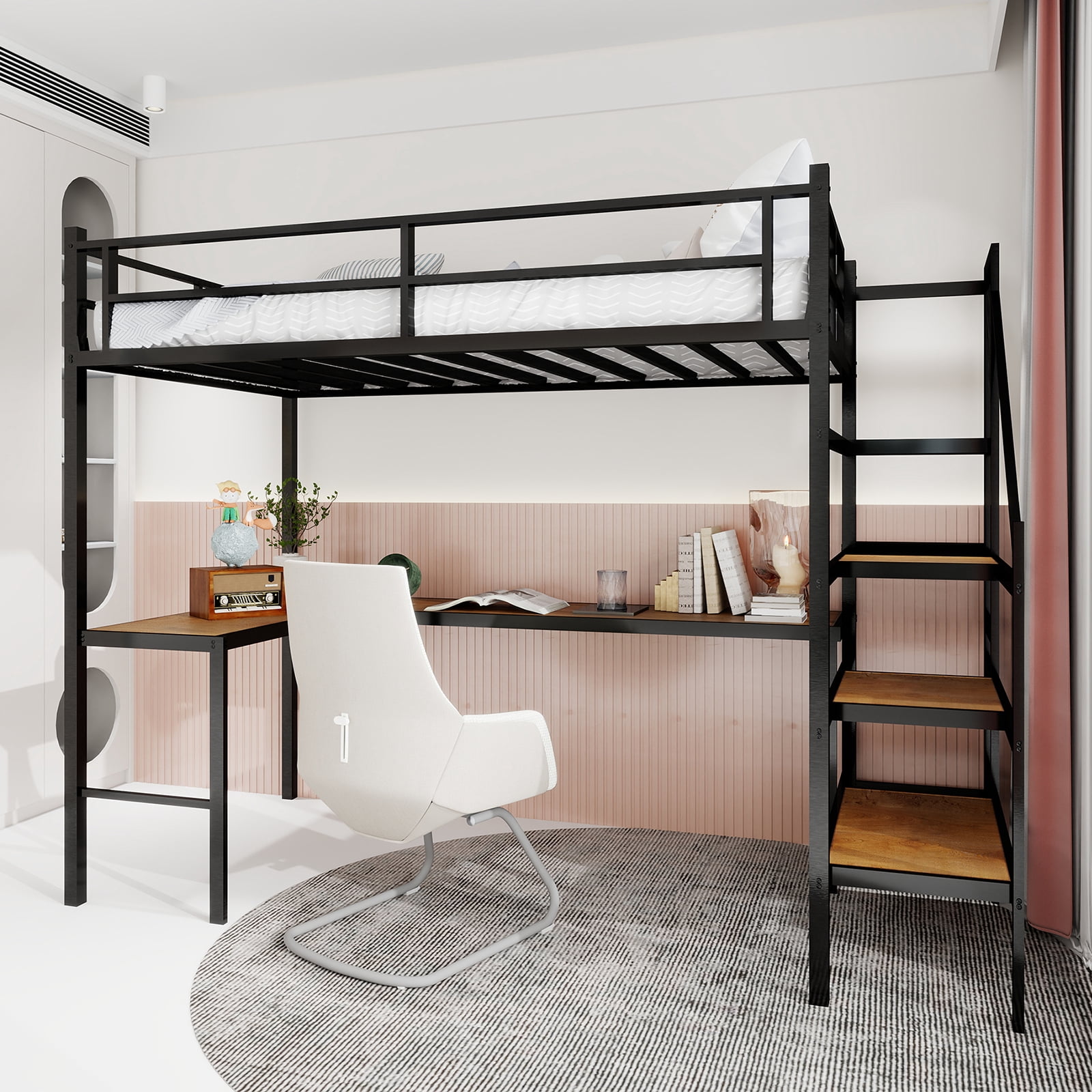 Alvantor Loft Bed Twin Size with L-shaped Desk, Metal Bed Frame with stairs for Kids/Teens, No Box Spring Needed Black