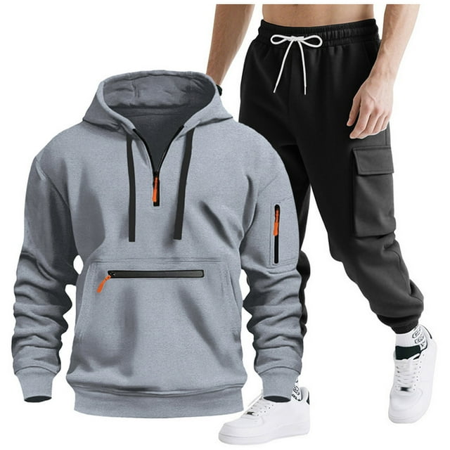 Mens Hooded Tracksuit, Long Sleeve Zipper Pocket Pullover and Drawstring Work Pants Set, Casual Two-Piece Outfit