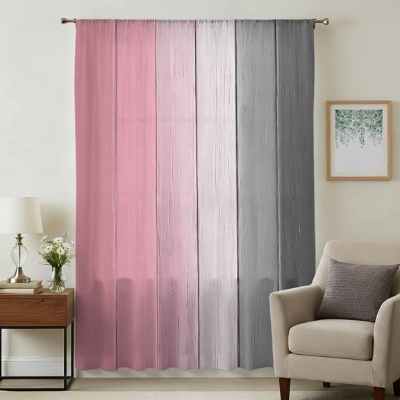 Pink Gray Ombre Sheer Curtains 72 Inches Long, Vintage Country Wooden Light Filering Curtains, Breathable Simi Curtain Privacy Drapes for Living Room Bedroom Lightweight Window Treatment