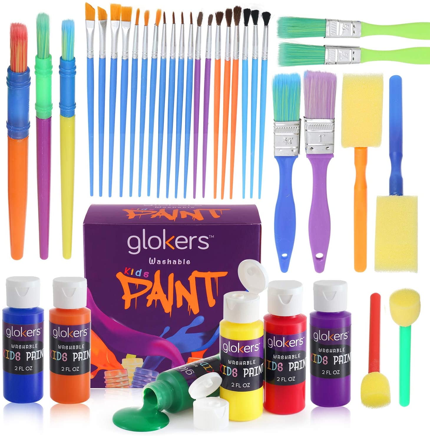 glokers Complete Set of 30 Paint Brushes Bundle with 6 NonToxic Washable Kids Paint, Washable