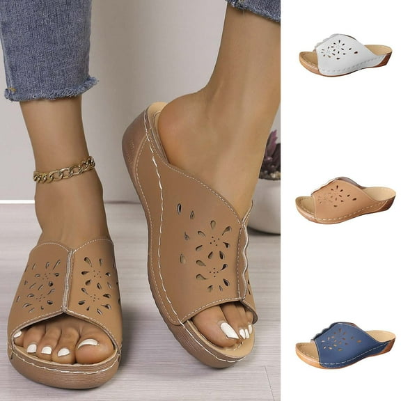 Womens Sandals Women's New Summer Plus-size Floral Wedge One-line Beach Sandals