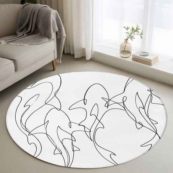 White Black Striped Shark Round Area Rug 3.3Ft Washable Circle Rugs for Dining Room Table, Modern Abstract Art Stripes Non-Slip Carpet Floor Mats Indoor Outdoor Carpet Runner Aesthetic Home Decor
