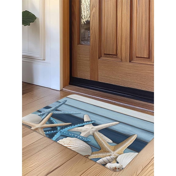 Coastal Starfish Door Mat Indoor Outdoor Entrance, Non Slip Rug for Kitchen Bathroom Entryway Rug, Blue Wooden Grain Seashells Country Washable Doormat Floor Mat for Office Home Decor 24x36 Inch