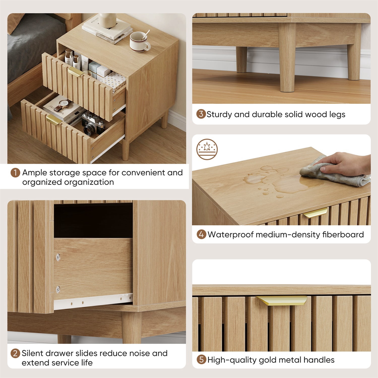 Hommoo Modern 2-Pcs Nightstand Set, Wooden Bedside Table End Table Set with Grille Design and 2 Storage Drawers, for Bedroom, Living Room & Office, Oak