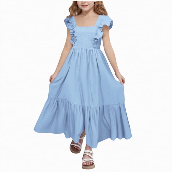 JUMEYU Big Girls Dress Girls Ruched Dresses Teens Ruffle Flowy Tiered A Line Swing Dress for Girl Size 10-11 (Blue,10-11 Years)
