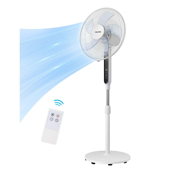 PELONIS Ventilador de pie con pedestal oscilante de 16" | Altura ajustable | Motor CC ultra silencioso | Control remoto | 12 velocidades | Temporizador de 12 horas | Alta eficiencia energética