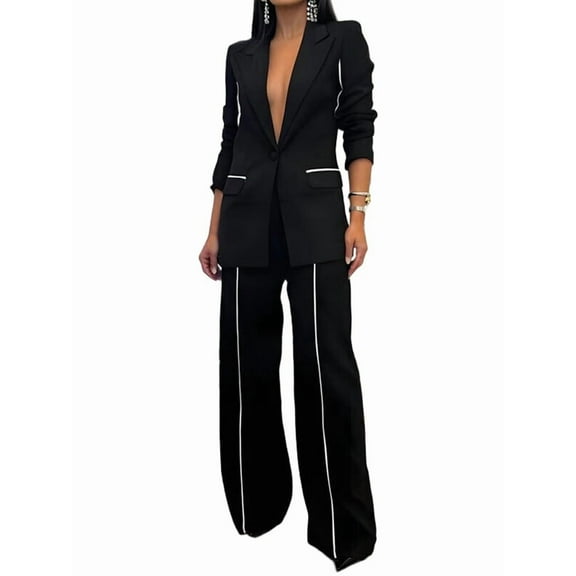 Women'S Fall Spring 2 Piece Blazer Outfits Business Casual Oversized Jacket Wide Leg Work Pants Dressy Suit Set Black XL