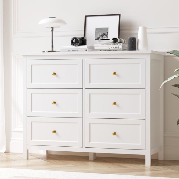 DIYART 6 Drawer Dresser for Bedroom, 41" Wide Large Chest of Drawers with Golden Handles, Modern Modern Bedroom Storage Dresser for Closet and Living Room, White