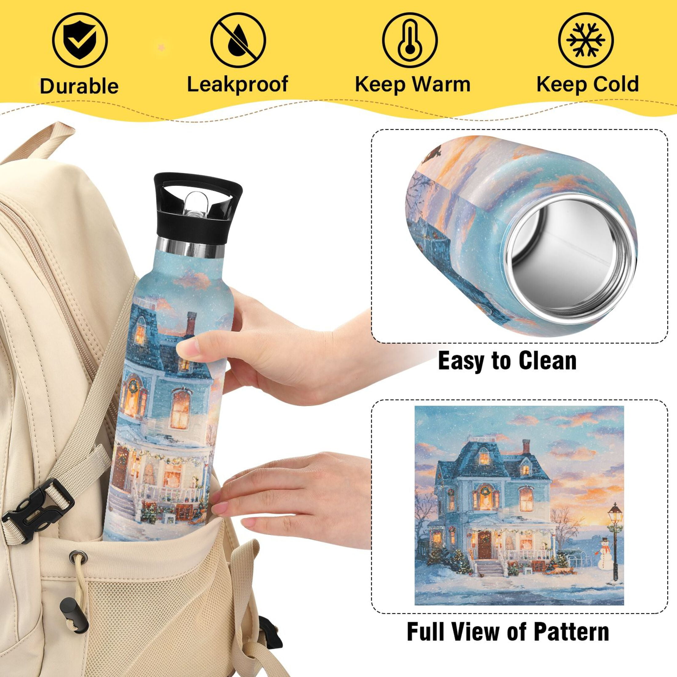 600ML Stainless Steel Insulated Cup Sports Water Bottle Portable Thermos Cup Water Glasses Insulated Tumblers Convenient and Durable Snow Christmas House