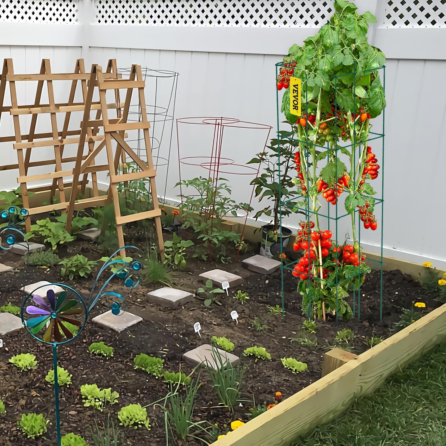WBTER Tomato Cages, 11.8" x 11.8" x 46.1", 10 Packs Square Plant Support Cages, Green PVC-Coated Steel Tomato Towers for Climbing Vegetables, Plants, Flowers, Fruits
