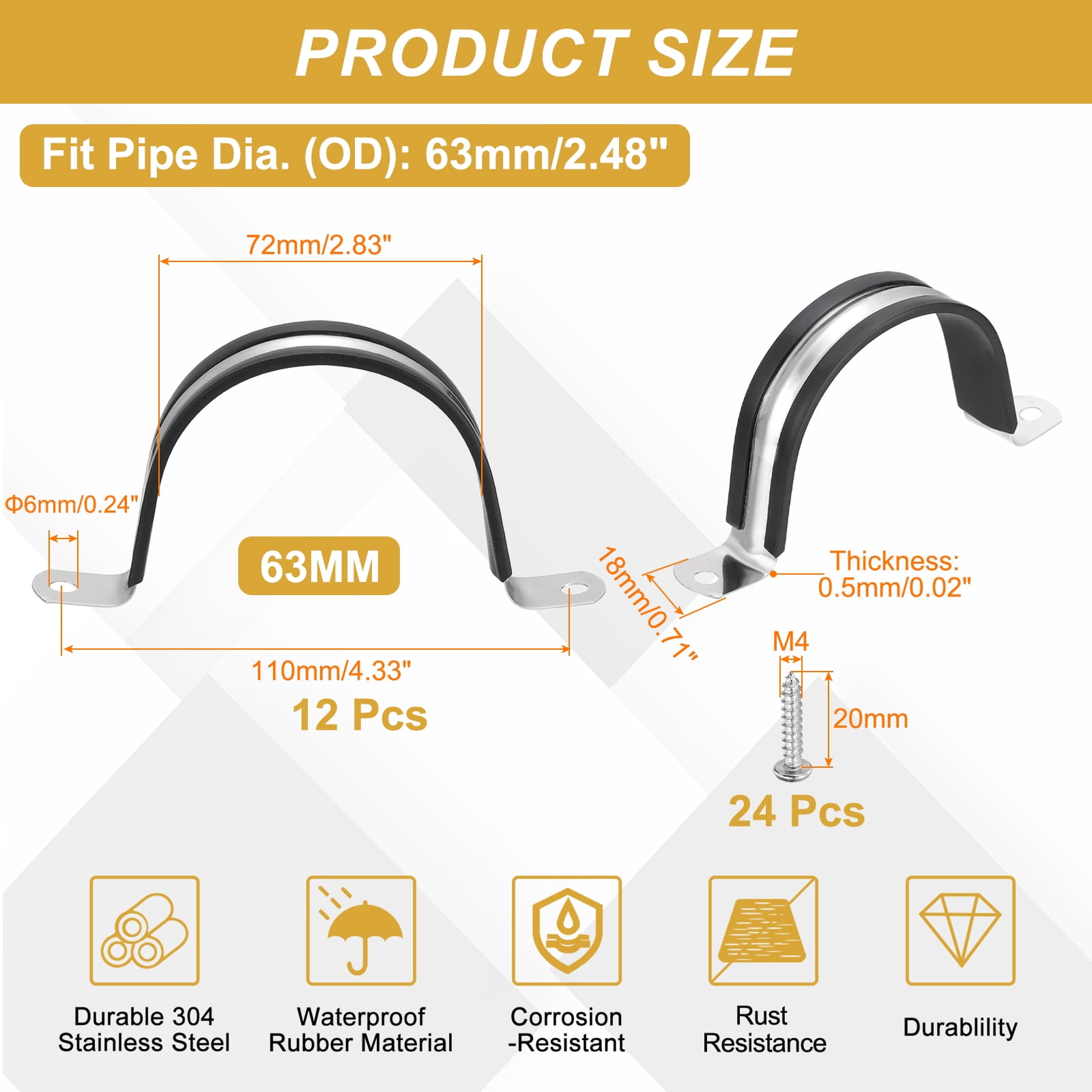Uxcell 12Pcs 63mm(2-1/2") Cable Clamp, 304 Stainless Steel Rubber Coated Cushion Insulated Cable Clamps U Holder Pipe Strap with M4x20mm Screws for Tube Hose Wire Installation, Black