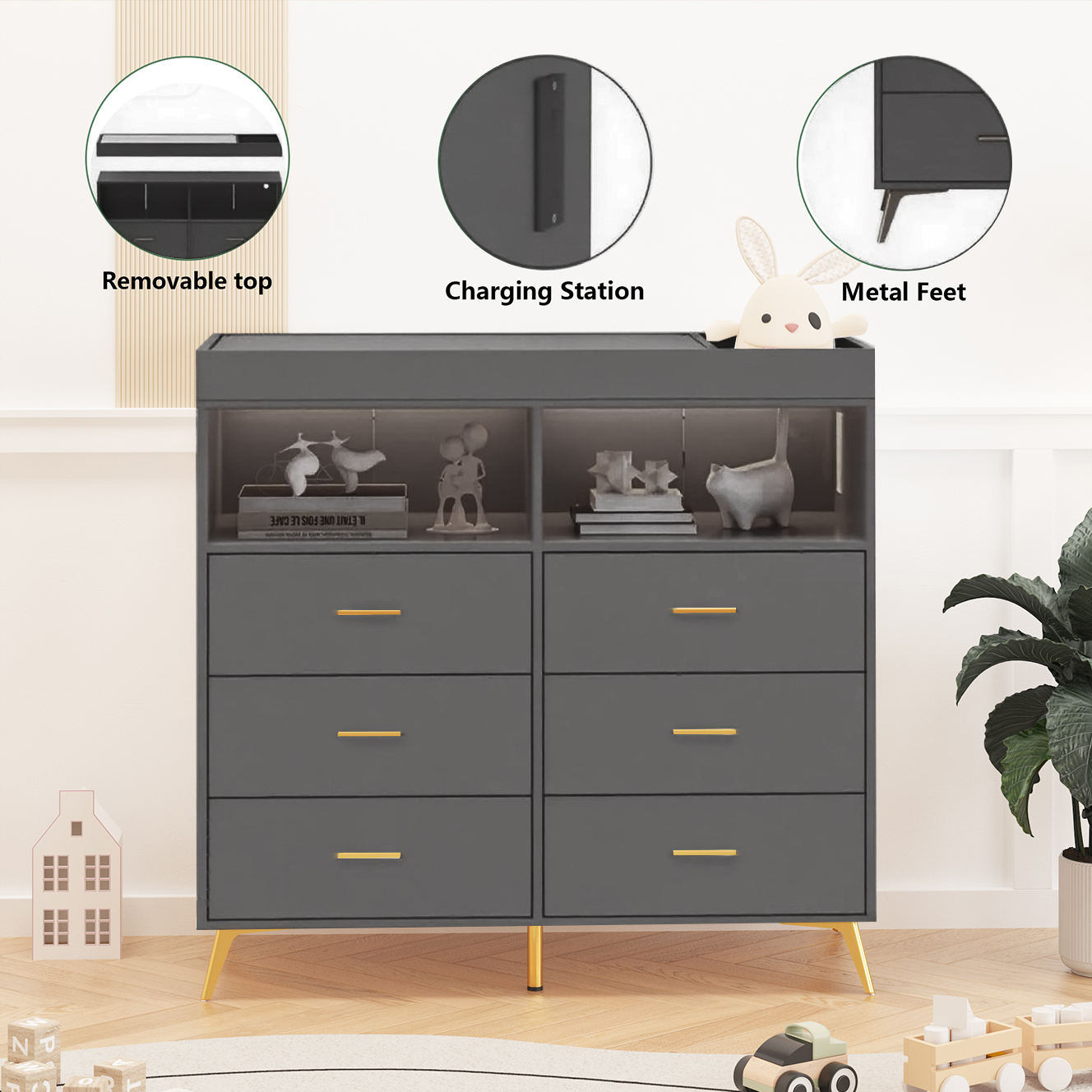 6 Drawer Dresser with LED Lights and Charging Station, Baby Changing Table with Storage, 43 Inches for Nursery Bedroom