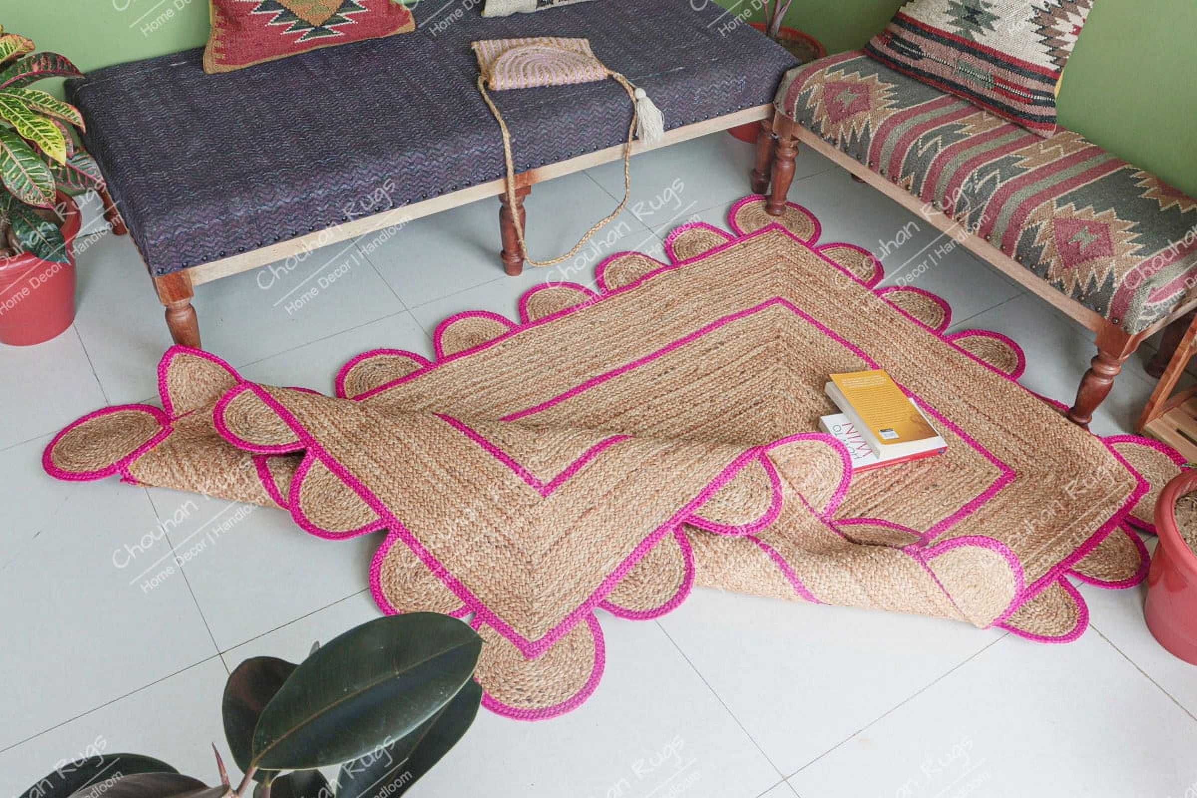 Area Rug Natural Jute Hand Braided Rug Pink Scalloped Runner