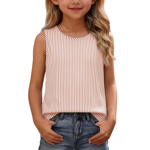 ITSAME Kids Girls Tank Tops Striped Print Crewneck Cotton Summer Fashion Casual Sleeveless Shirts Orange Size 9