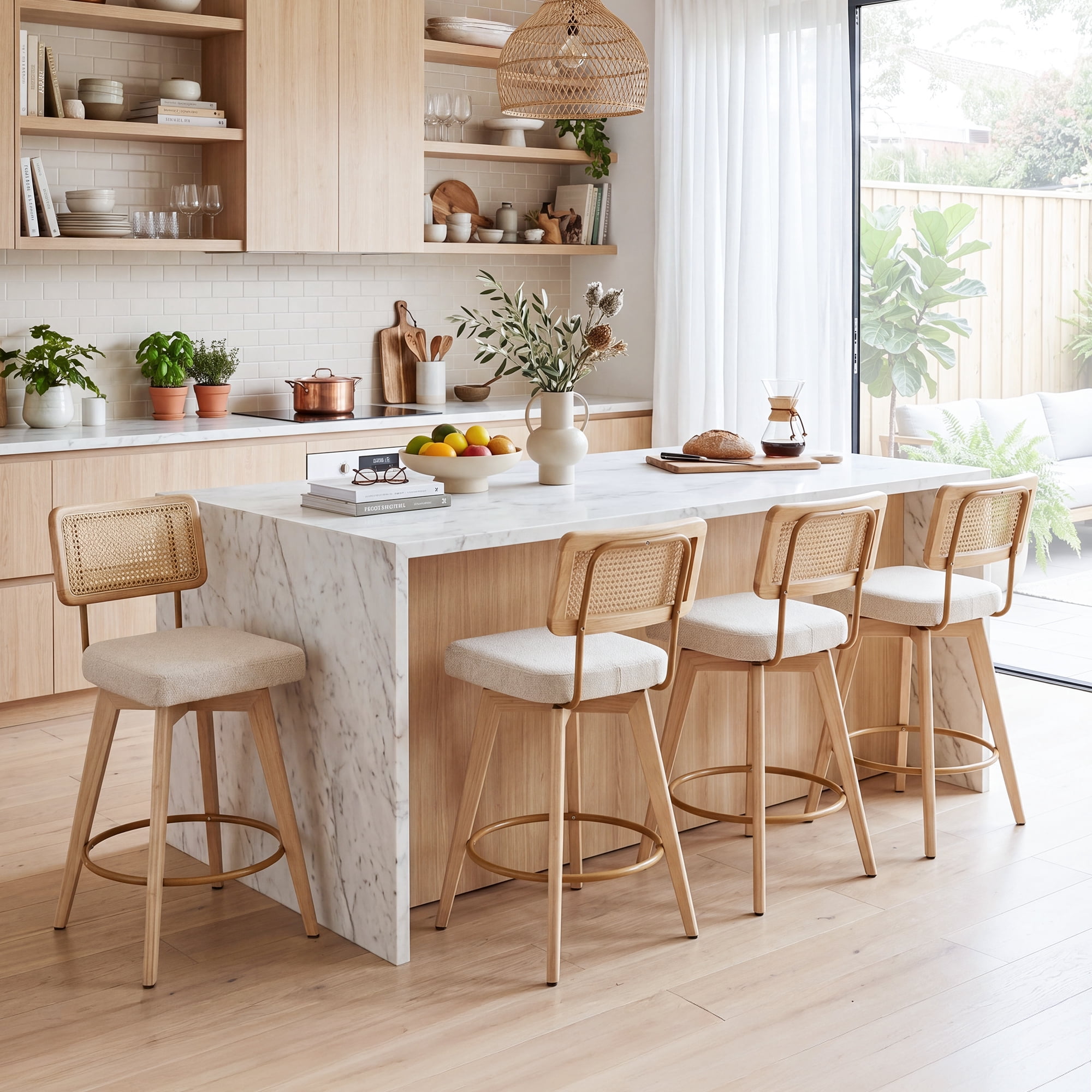 Zesthouse 26.2" Swivel Counter Height Bar Stools Set of 2, Upholstered Linen Counter Stools with Rattan Back, Mid Century Barstools with Solid Wood Frame for Kitchen Island, Beige
