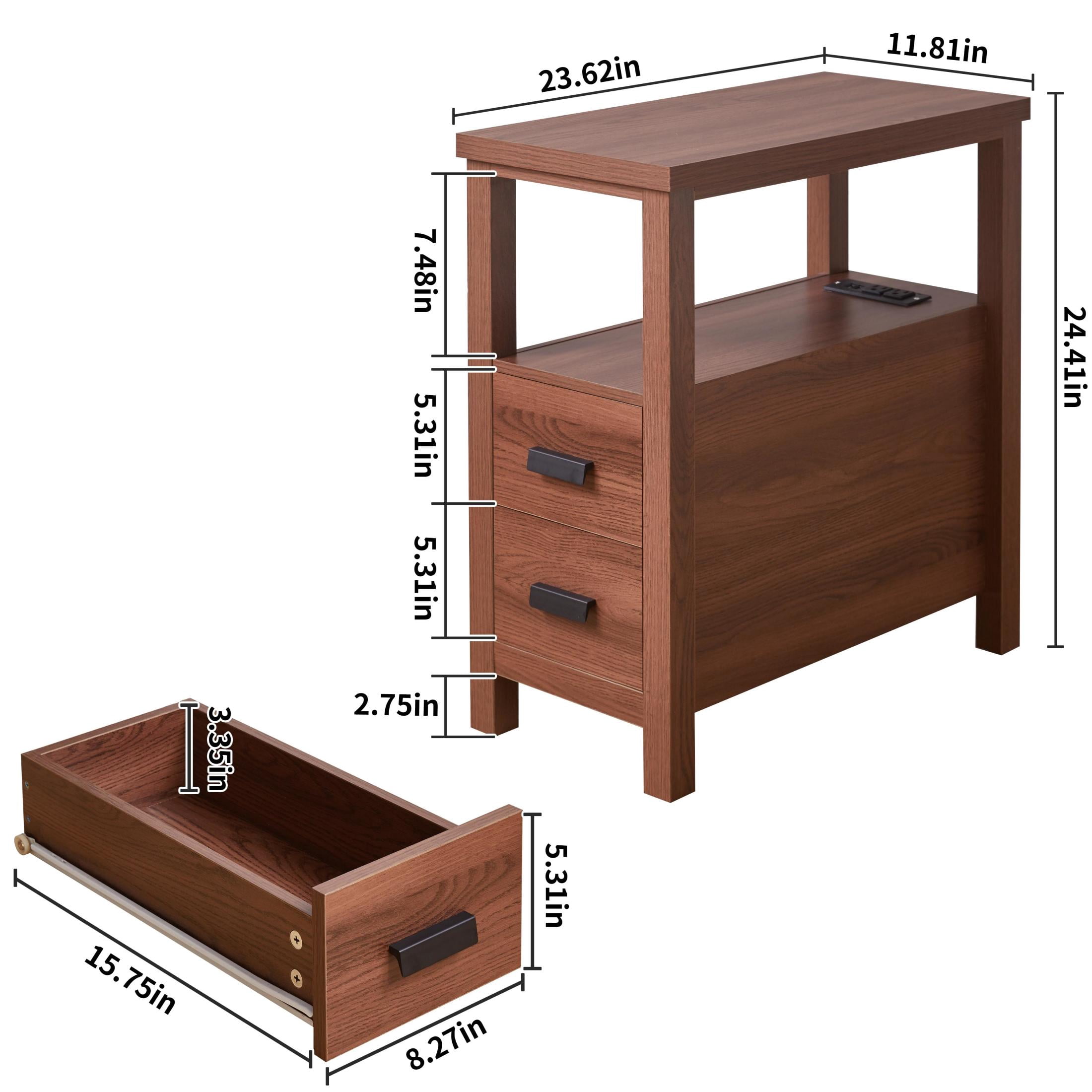 Noble House Marcus Modern End Table with Built-In Charging Station & 2 Drawers, Small Wood Bedside Table, Walnut