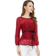 thumbnail image 2 of AllegK Blusas Tops Peplum De Encaje Semitransparente De ManLarCon CintuAnudaPaMujer Rojo M, 2 of 6