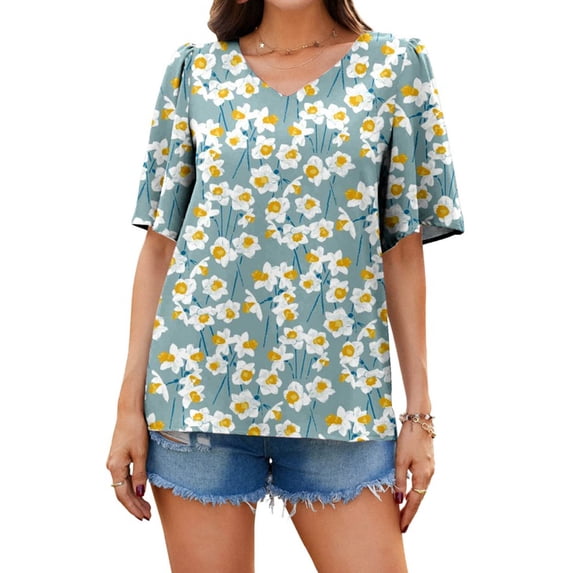 WISEFIN Women's Casual T-Shirt Floral Print Ruffled Short Sleeve Relaxed Fit Blouse Tops