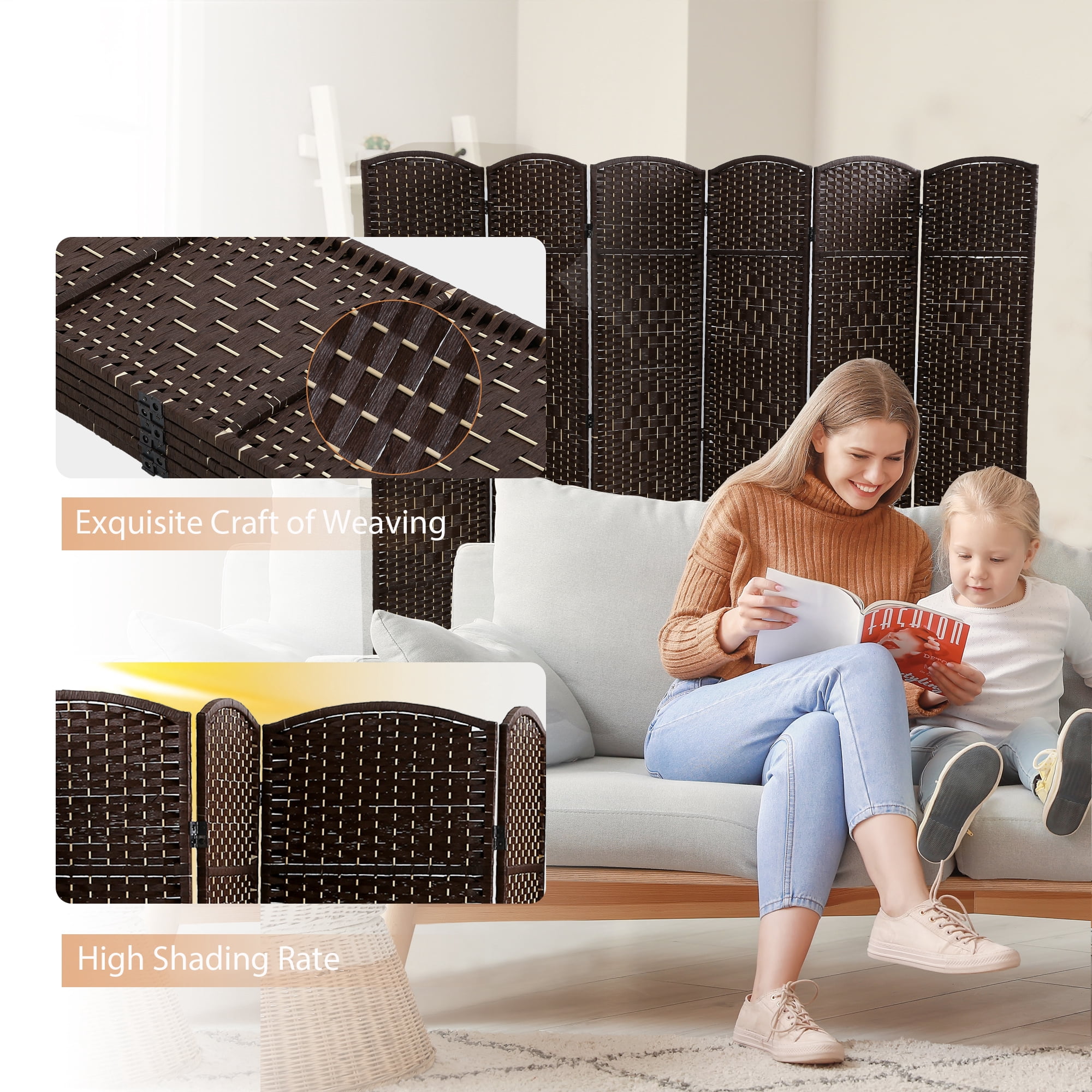 CL.HPAHKL 6 Panel Room Divider, 6 ft Tall Folding Privacy Screen Indoor Room Separators Divider Wall with Double Hinged Panels Portable Partition Wall Divider for Home Office Bedroom, Brown