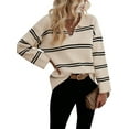 thumbnail image 2 of Women'S Casual Striped Long Sleeve V Neck Lightweights Pullover Sweater Loose Fit Drop Shoulder Tops Apricot S, 2 of 9