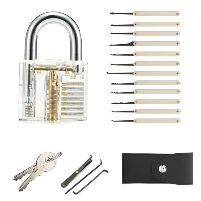 Juego de 15 ganzúas para cerraduras, extractor de llaves, suministros de cerrajería, herramienta con mango y cerradura transparente