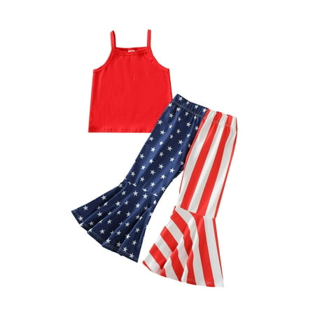 

Little Girls Party Dailywear Sets Independence Day USA Flag Letter Star Printed Sleeveless O-Neck 4 Of July Strap Vest Shirt Tops Pants 2PCS Outfits Dailywears Comfortable Loose Fittness Sets