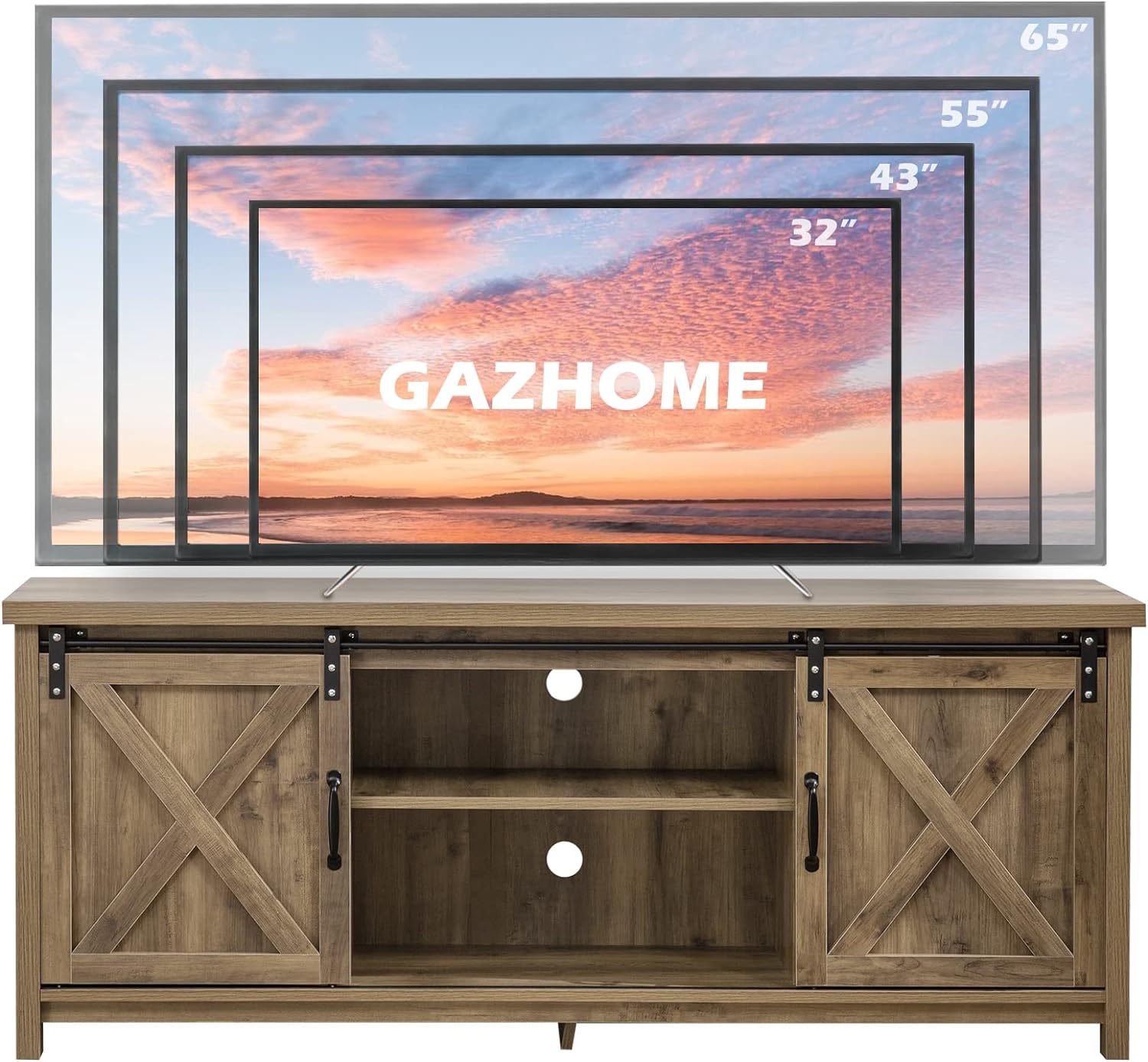Reliancer Farmhouse TV Stand for TVs up to 65”, with Sliding Barn Doors, Light Grey