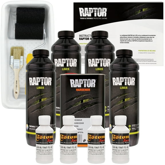 Raptor GM White Urethane Spray-On Truck Bed Liner Kit Roller,Tray, Brush, 4 Liters