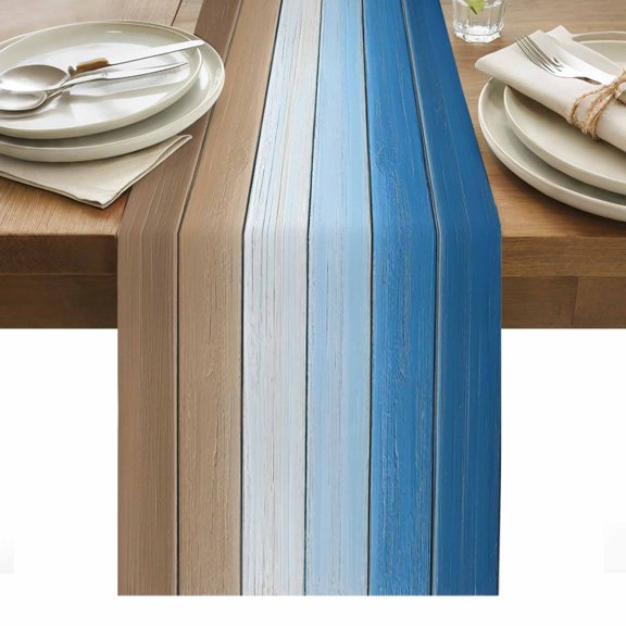 Blue Brown Table Runner - 108 Inch Long, Kitchen Dining Table Runner Dresser Scarves, Vintage Farmhouse Gradient Wooden Grain Farmhouse Decor for Coffee Tables Wedding Party Banquet